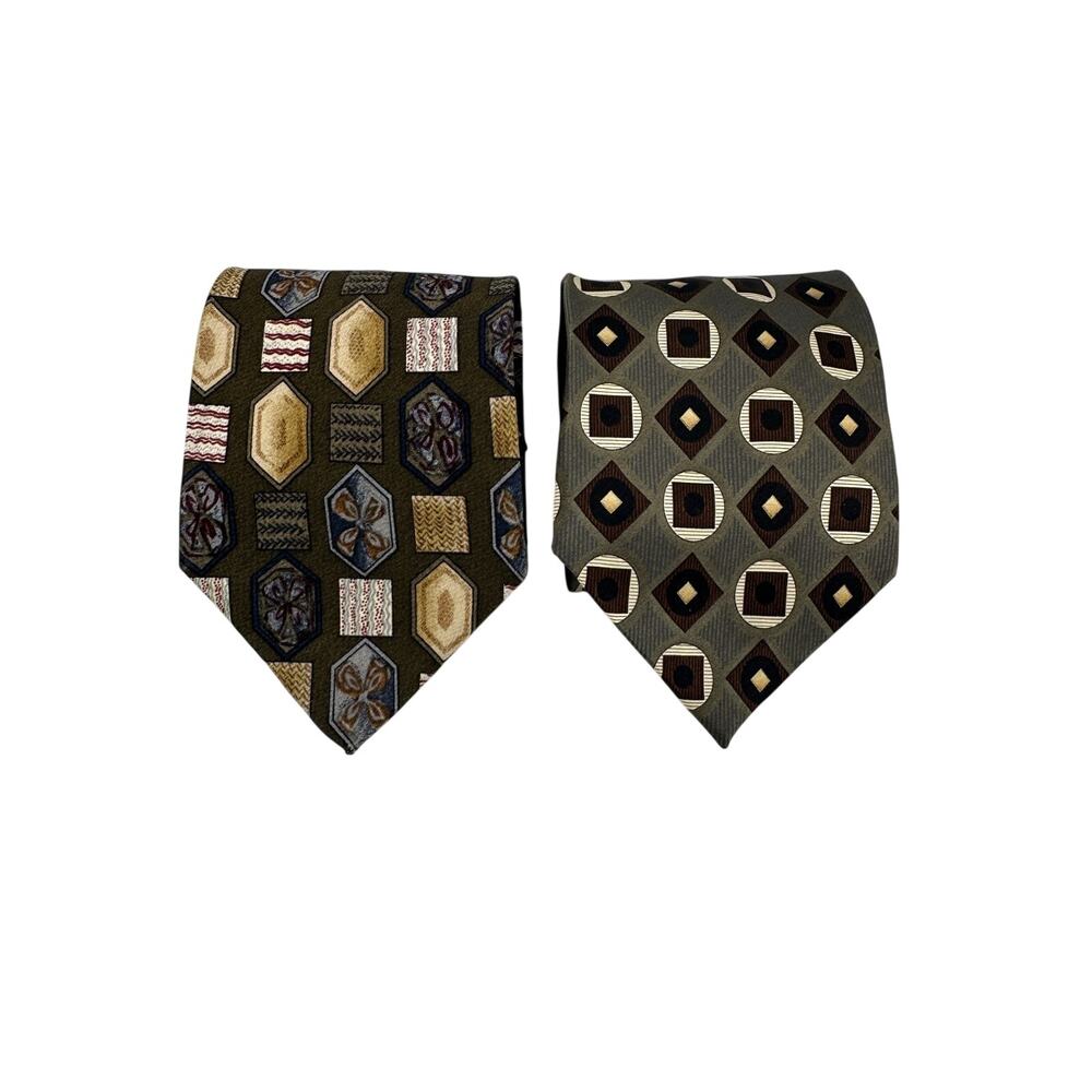 2 Vintage Silk Neckties Grappa & Alexander Julian Geometric Olive Brown